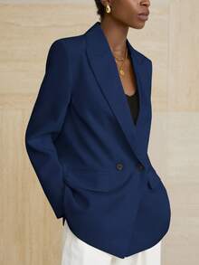 Aveloria Modichic 女士商务风纯色双排扣西装外套，适合通勤和秋季穿着 - 藏蓝色 - 查看 4