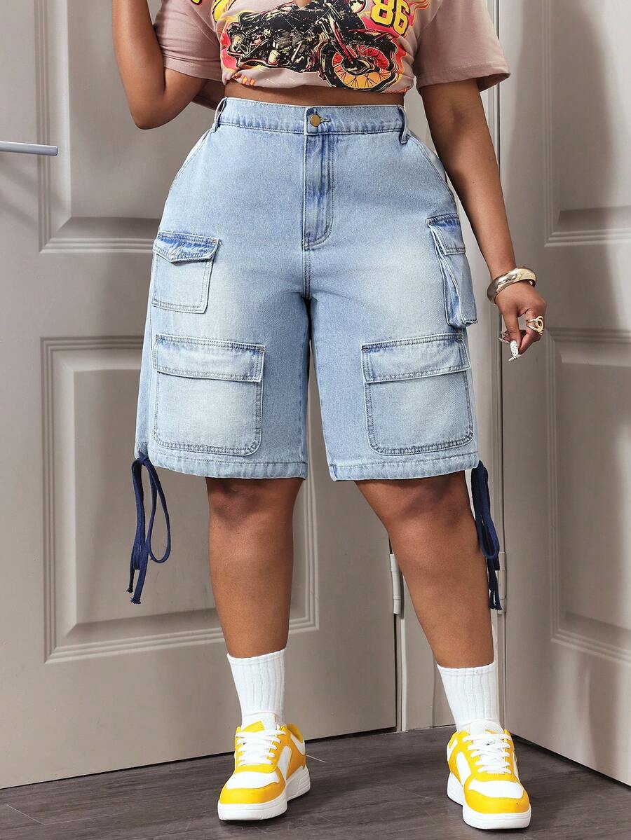 Slaydiva Quần short denim dáng rộng, nhiều túi, dành cho nữ cỡ lớn. - Màu xanh lam - Xem 1