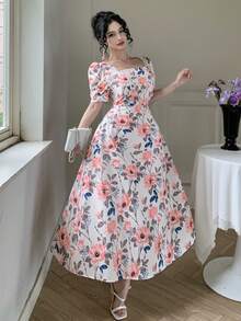 DAZY Women's Elegant Floral Print Square Neck Puff Sleeve Dress, Summer Wedding Guest Dress - Pink - View 9