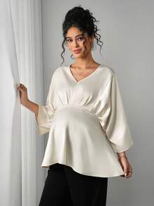 Momance Camisa elegante de maternidad de unicolor con mangas de murciélago y cintura alta para ir al trabajo - Albaricoque - Ver 4
