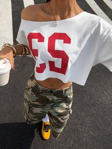 StreetHx 女士不对称肩部短款T恤，朋克数字球衣23号白色短袖不对称肩部上衣 - 白色 - 查看 2