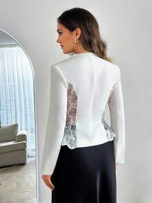 SHEIN Women, Spring, Summer, Lace, White, Blazer, Boho Blazer, Button, Heart, Weeding, Cool, Long Slevee, Regular Lenght - White - View 3