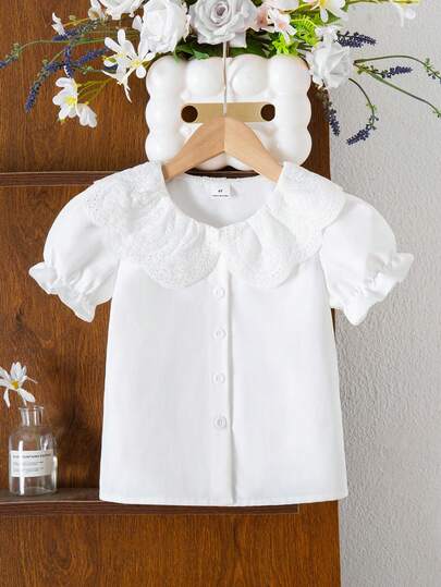 SHEIN 女童优雅时尚双层提花领泡泡袖纯色公主风上衣，适合度假、旅行、上学、派对、生日礼物、夏季穿着