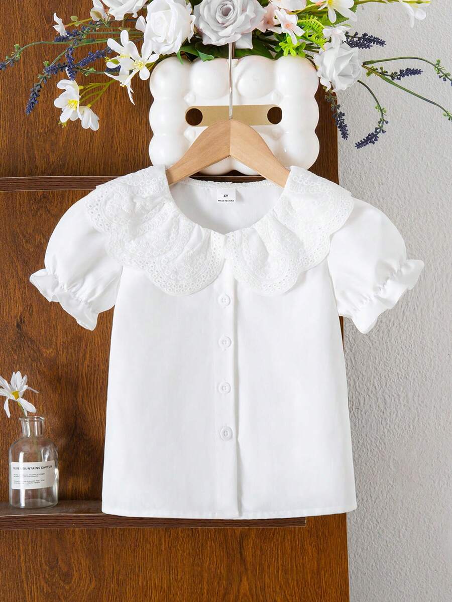 SHEIN 女童优雅时尚双层提花领泡泡袖纯色公主风上衣，适合度假、旅行、上学、派对、生日礼物、夏季穿着 - 白色 - 查看 1