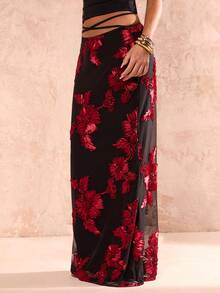 Glamine Women's Floral Jacquard Waist Crossed Skirt, Embroidered Maxi Skirt, Sexy Elegant Heavy Embroidered Floral Women's Long Fitted Pencil Skirt, Long Summer Dress For Women. - Multicolor - View 6