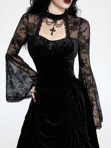Breakform Women's Gothic Sexy Elegant Round Neck Hollow Metal Cross Decor Velvet Contrast Lace Flare Sleeve Crop Top