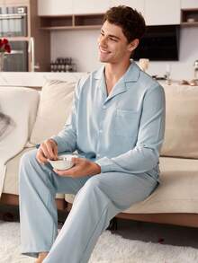 CoupledUp 情侣纯色翻领开衫睡衣套装 - 霧霾藍 - 查看 6