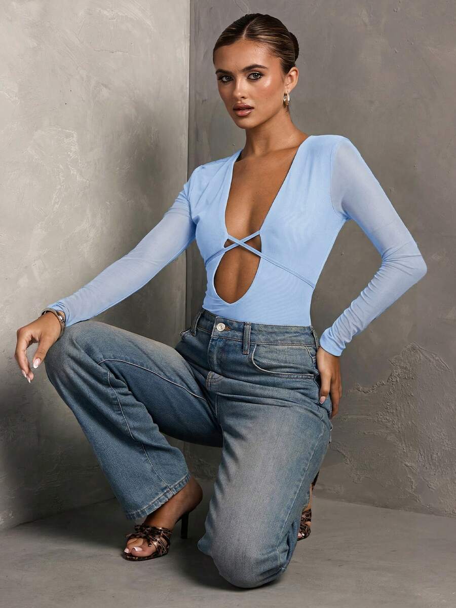 SHEIN BAE 女士纯色深V领网纱拼接长袖性感连体衣 - 淺藍色 - 查看 1