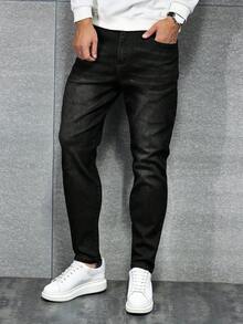 Manfinity Homme 加大码男士经典深蓝色修身复古休闲牛仔裤，四季皆宜 - 黑色 - 查看 6