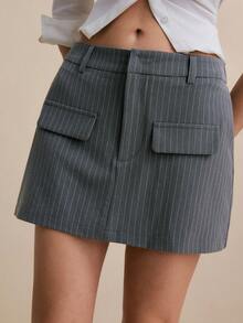 Poéselle 女士细条纹工装口袋短裙，低腰修身办公风 Y2K 街头风短裙，工装口袋裙，Y2K 灰色细条纹时尚，学院风街头条纹休闲百搭通勤裤 - 棕色 - 查看 5