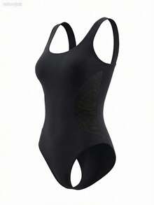 INAWLY Women's Solid Color Waist Splicing Mesh Bodysuit - Black - View 7