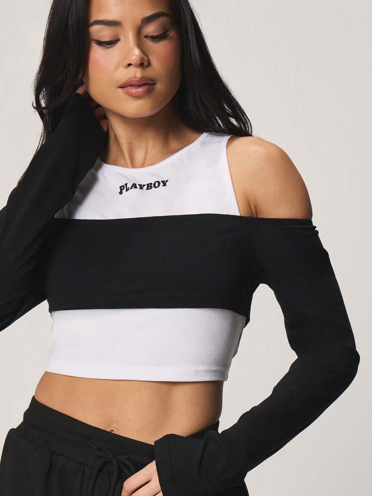 Missguided x Playboy Logo Color Block Tank Top With Off Shoulder Long Sleeve Layer Casual Crop Top For Fall Winter Everyday Wear