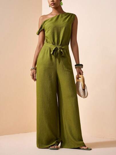 Zivah Mono de pierna ancha con textura de bambú, cintura elástica con cordón, bolsillos, estilo bohemio, para crucero, viaje, playa, casual y oficina, color verde oliva, nueva colección primavera/verano 2026