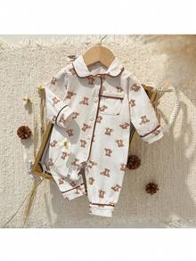 Loomiva 新生女宝宝卡通动物图案针织柔软领长袖连体衣套装 - 卡其色 - 查看 8