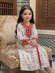 SHEIN Young Girls Minimalist Print Long Sleeve Dress Raditional Elegant Dignified Golden Floral Print, Young Girls Casual Minimalist Traditional Arabic Dress Suitable For Spring/Summer Daily, Festivals, Outings, Elegant Dignified Long Sleeve Arabic Maxi Dress, Prayer Abaya, Easy Comfort, Casual Wear, Vacay Vibes, Modest Kaftan, Kids Jalabiya