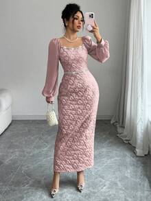 Modelyn Đầm ôm sát cơ thể thanh lịch dành cho nữ, chất liệu jacquard phối họa tiết dây xích. - Bụi hồng - Xem 6