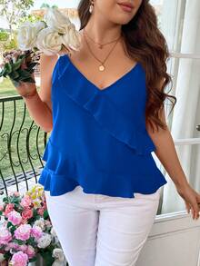 Reflora Plus Size Women Solid Color Ruffle Trim Camisole - Royal Blue - View 1