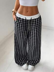 SHEIN EZwear 格子抽绳腰宽松阔腿梭织休闲裤 - 黑色 - 查看 6