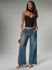 Hauture Business Office Sexy Fall Soft Brushed Sweetheart Ruched Pleated Backless Halter Top - Black - View 3