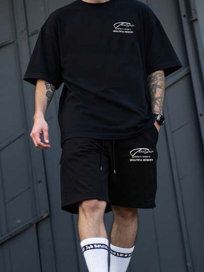 Manfinity Homme Conjunto de camiseta de manga corta y pantalones cortos casuales y simples para hombre talla grande, adecuado para el verano