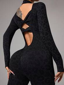 Dewbera Women's Fashionable Leopard Print Elastic Racerback Jumpsuit - Black - View 7