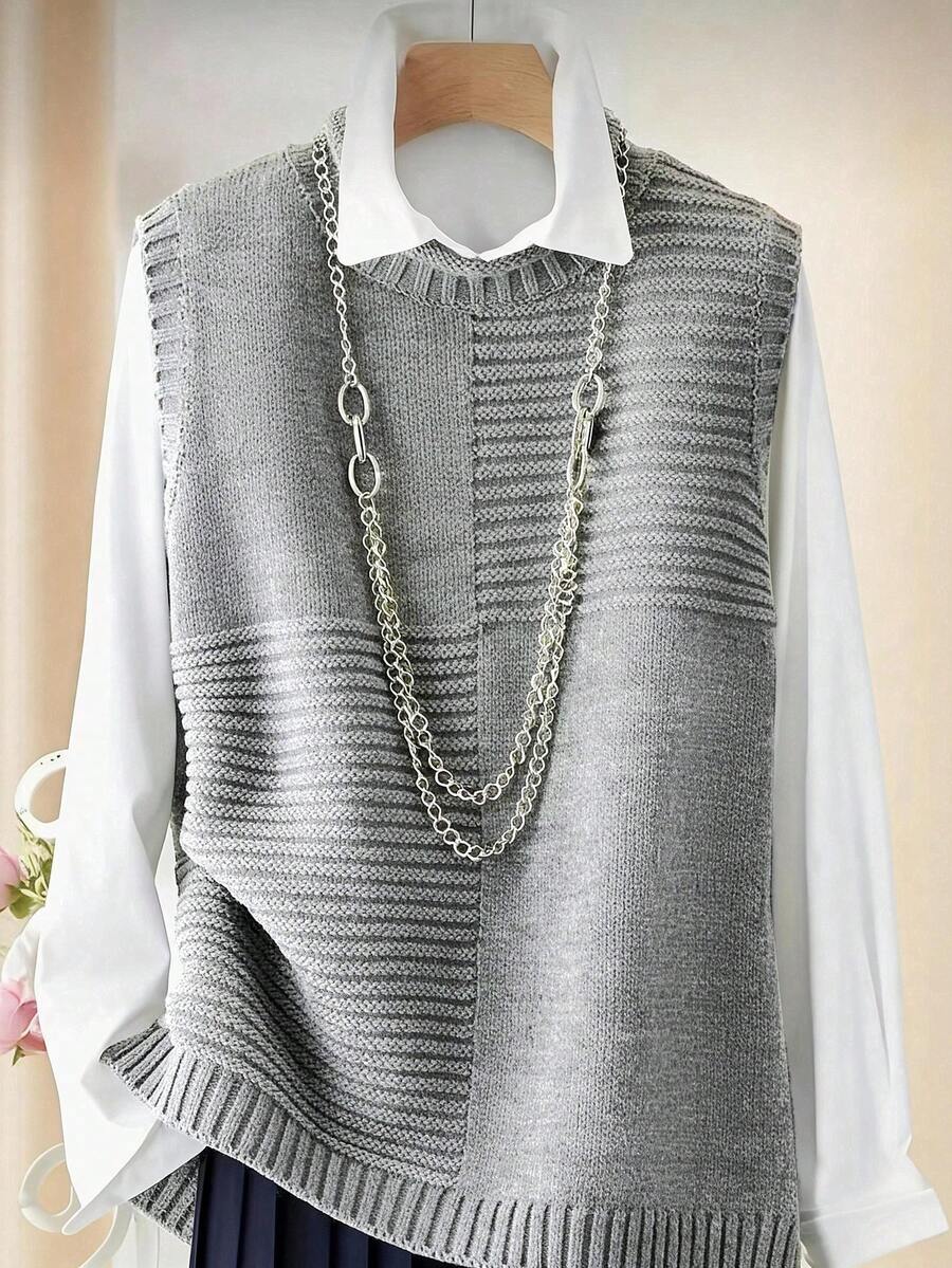 INAWLY Casual Loose Knit Vest, Suitable For Layering, Spring/Autumn - Grey - View 1