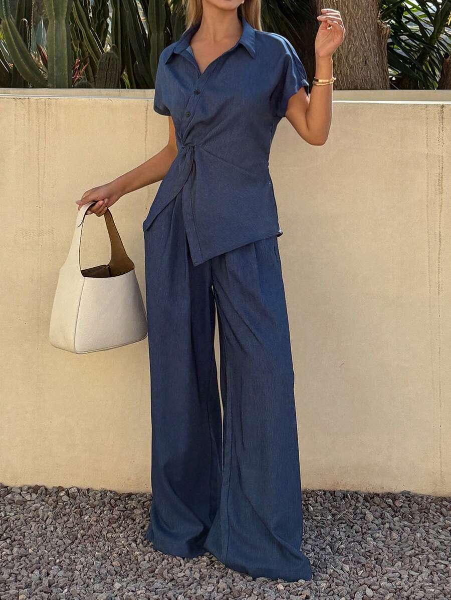 DAZY Women's Collared Short Sleeve Twist Knot Loose Shirt And Wide Leg Jeans Casual 2-Piece Set - Medium Wash - View 1
