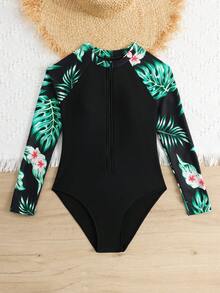 SHEIN 少女碎花长袖连体泳衣 - 黑色 - 查看 6