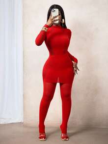 BamGleam Women's Sexy Hollow-Out 2 Pieces Bodycon Dress Set With Tight Leggings - Red - View 6