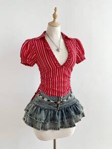 Elamini 性感修身荷叶边深V领收腰条纹短袖衬衫 - 紅色 - 查看 6