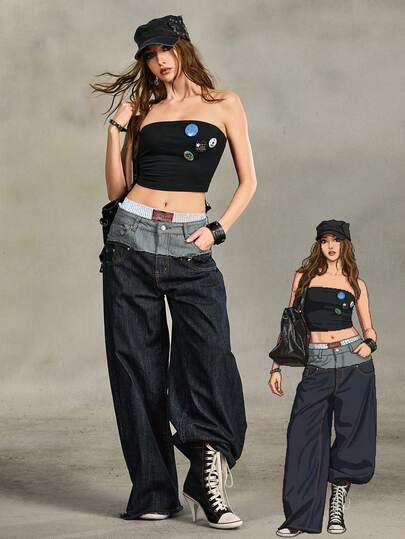 Grunge Punk Jeans rectos holgados con pernera acampanada y cintura de parche, estilo retro chic minimalista y versátil para mujeres