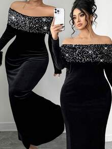 Elenzga Váy maxi dài tay trễ vai bằng nhung đen đính sequin cỡ lớn dành cho nữ, váy dài tay trễ vai bằng nhung đính sequin vá, kiểu dáng cổ điển thanh lịch quyến rũ, kết hợp gợi cảm và thanh lịch, phù hợp cho dạ tiệc, tiệc trang trọng, lựa chọn của Nữ hoàng tiệc tùng - màu đen - Xem 1