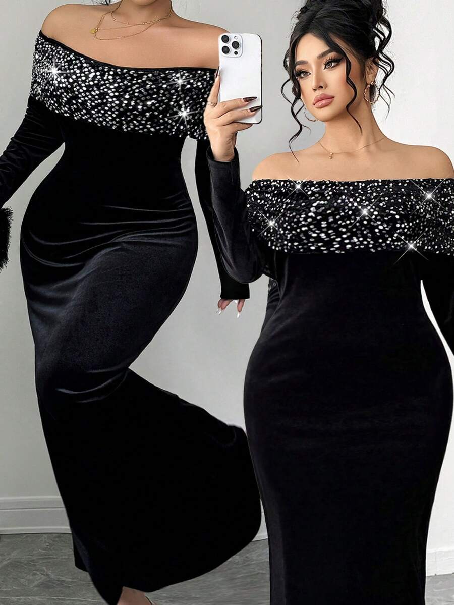 Elenzga Váy maxi dài tay trễ vai bằng nhung đen đính sequin cỡ lớn dành cho nữ, váy dài tay trễ vai bằng nhung đính sequin vá, kiểu dáng cổ điển thanh lịch quyến rũ, kết hợp gợi cảm và thanh lịch, phù hợp cho dạ tiệc, tiệc trang trọng, lựa chọn của Nữ hoàng tiệc tùng - màu đen - Xem 1