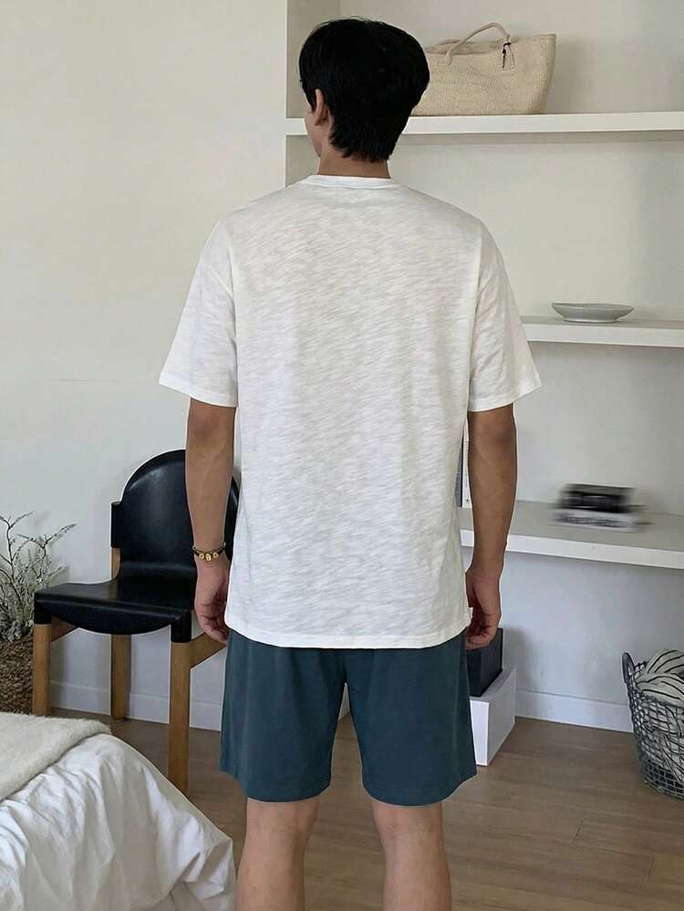 Men's Summer Solid Color Short Sleeve Top And Shorts Pajama Set