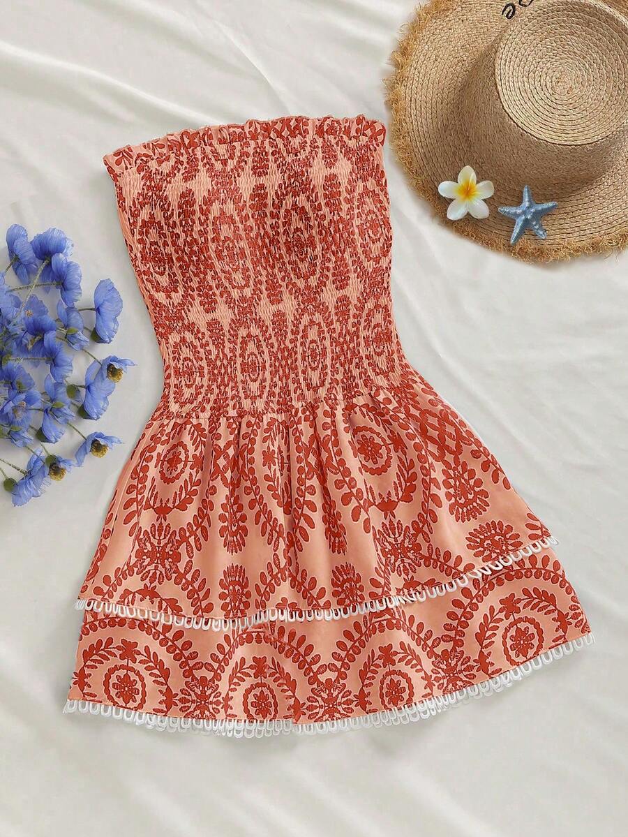 Elamini Đầm mini dáng chữ A màu xanh hải quân, không dây vai, hở vai, xếp ly eo, ôm sát, thêu rỗng, viền bèo nhún, phong cách bohemian, thường ngày. - trái cam - Xem 1