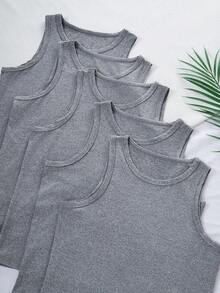 5pcs Boys' Comfortable Casual Sleeveless Solid Gray Crew Neck Undershirt Vest, Versatile Basic Layering Piece, Soft Stretchy Knit Fabric, Machine Washable - Multicolor - View 5