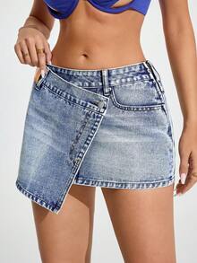 Jeanoix Women's Casual Fashion Street Style Overlap Waist Asymmetrical Hem Washed Denim Mini Skirt, Summer - Blue - View 4