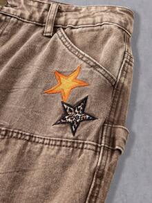 Manfinity EMRG Quần jeans ống rộng thêu dáng rộng, phong cách đường phố Mỹ - màu nâu - Xem 4