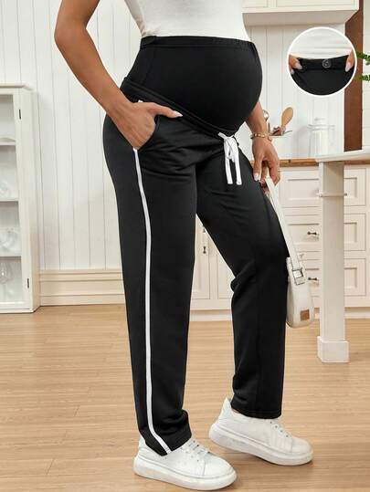 SHEIN Pantalones casuales de maternidad de cintura alta con contraste de color y cordón ajustable