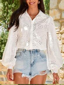 KARISMINA Women's Casual Solid Color Loose Woven Shirt White Eyelet Top Summer Blouses For Women Summer Shirts Woman - White - View 6