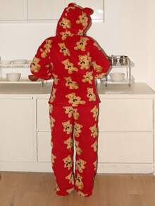 Lowkey Lull Bộ đồ ngủ nữ FamilyFrolics hình tai gấu bông, bộ đồ ngủ gia đình đồng bộ, 2 món mềm mại và thoải mái dành cho nữ, phong cách mùa thu thanh lịch. - Đỏ - Xem 2