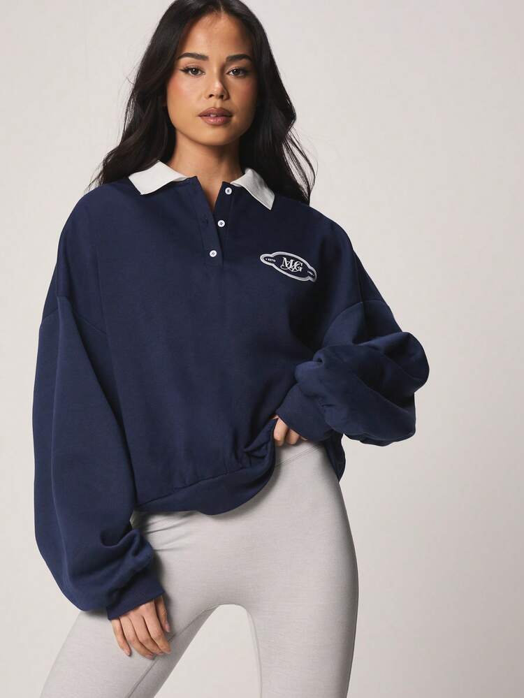 MISSGUIDED Oversized Navy Collared Sweatshirt With White Collar And Button Details Long Sleeve Casual Streetwear Fall Winter