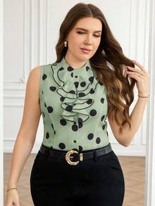 Reflora 大码优雅波点印花荷叶边下摆无袖衬衫，夏季 - 薄荷綠 - 查看 7