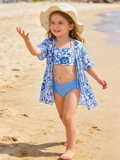 3pcs Girls Cheongsam Swimsuit Set, Includes Mesh Coverup, Spaghetti Strap Top, And Bottoms, Stretchy Quick-Dry Knit Fabric, Suitable For Beach, Pool, Surfing, Vacation, Summer Twist Front 3 Piece Bikini Kids Kids Cover Up Swimsuits Girls Swimsuit With Coverup