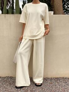 DAZY 女士休闲纯色圆领T恤和阔腿裤两件套，春夏款 - 米色 - 查看 4