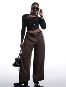 LYSMO 大码纯色条纹低腰纽扣装饰休闲复古阔腿裤，适合通勤、休闲外出和办公穿着，春秋季条纹女式工作裤 - 咖啡棕 - 查看 6