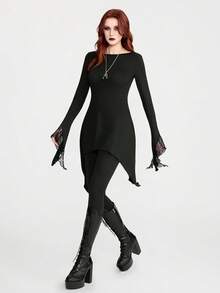 Breakform Women's Gothic Style Boat Neck Asymmetrical Hem Knit Fabric Long Sleeve Asymmetrical Cuff Contrast Lace Regular T-Shirt - Black - View 3