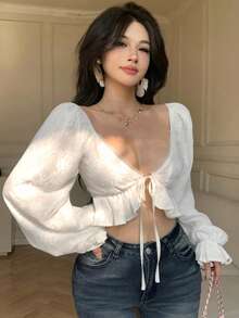 DAZY 女士甜心领花卉蕾丝喇叭袖露脐性感时尚上衣 - 白色 - 查看 9