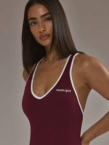 Musera Sport Contrast Trim Plunge Fitted Jumpsuit Padel Autumn Fall Winter Activewear Sport Gym Workout - Burgundy - View 6