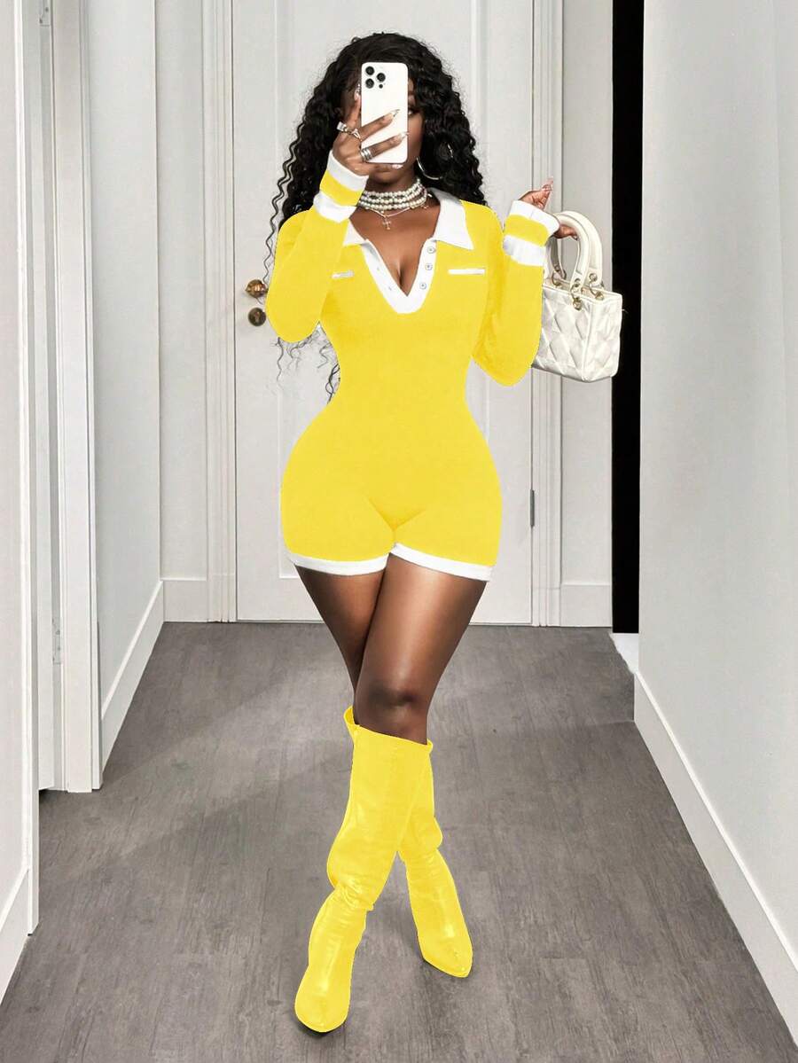 BamGleam Women's Contrast Color Collar Long Sleeve Casual Knitted Romper - Yellow - View 1